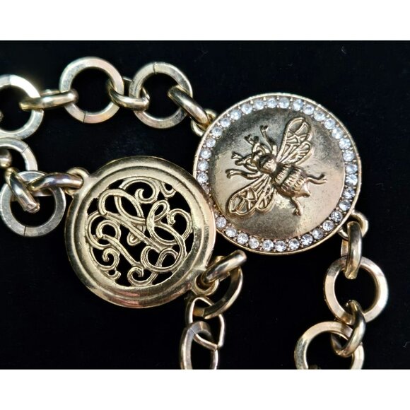 Vintage Monet Goldtone Station Necklace Bees Script Medallions 60" Necklace - Picture 3 of 5